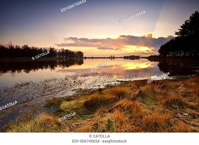 dramatic sunset over wild lake in dwingelderveld, Drenthe