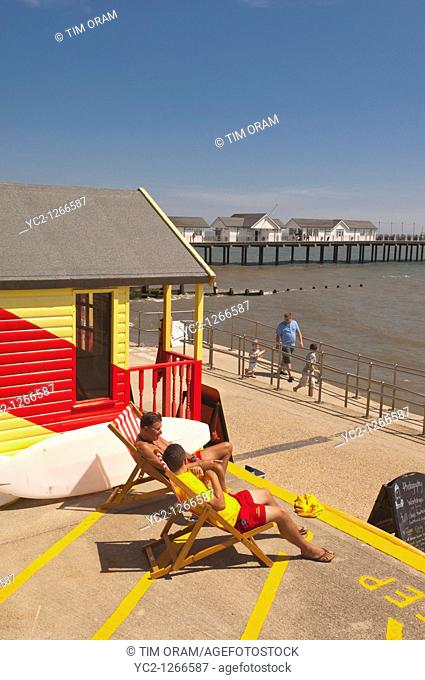 The Lifeguards on the seafront in Southwold , Suffolk , England , Great Britain , Uk