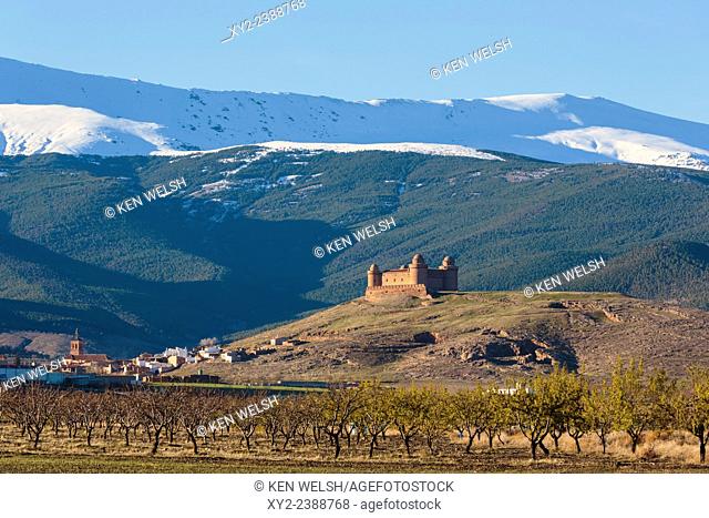 La Calahorra, Granada Province, Andalusia, southern Spain. Castillo de La Calahorra on hill above town of La Calahorra. Italian Renaissance castle constructed...