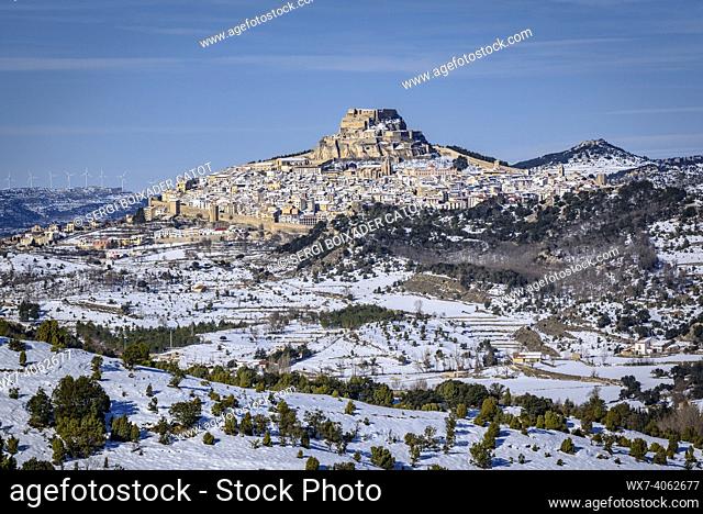 Medieval castle and walled city of Morella on a winter day after a snowfall (Castellón province, Valencian Community, Spain)