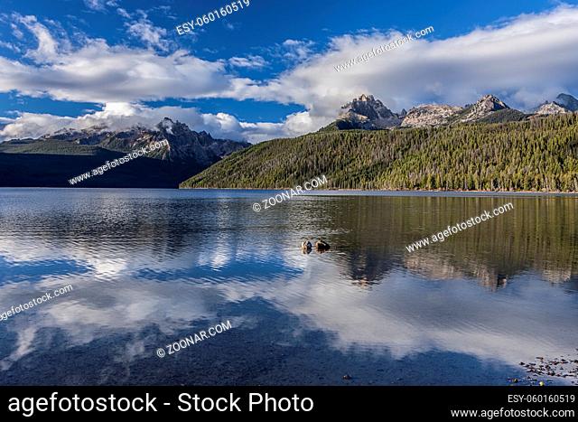 Redfish Lake and the sawtooth mountains near Stanley, Idaho on a sunny day