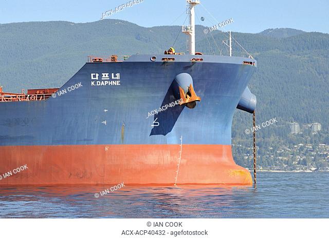 Deep sea freighter K. Daphne anchored in English Bay, Vancouver, British Columbia, Canada