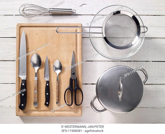 Kitchen utensils for preparing herring & green bean salad