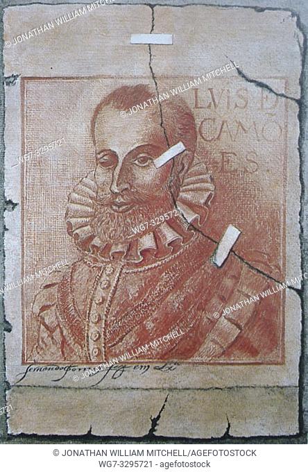 Etching from 1850 of Luis Vaz de Camoes in a prison in Goa in India -- Picture by Atlas Photo Archive