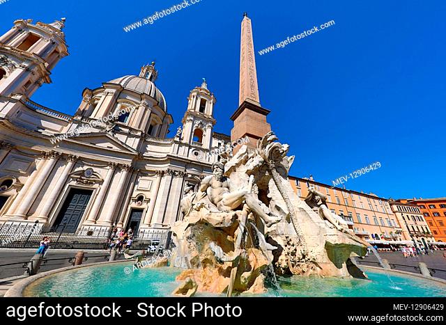 Fountain of the Four Rivers and the Obelisk of Domitian, Piazza Navona, Rome, Italy