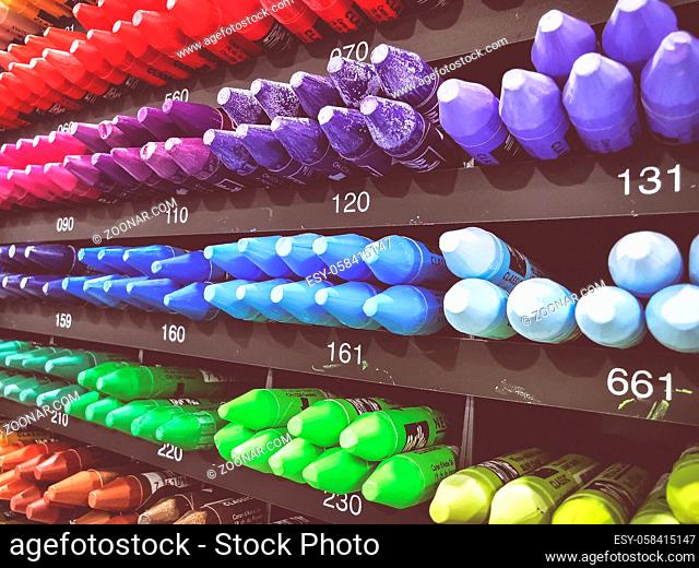 Close up of variety of colored pens in a stationery shop