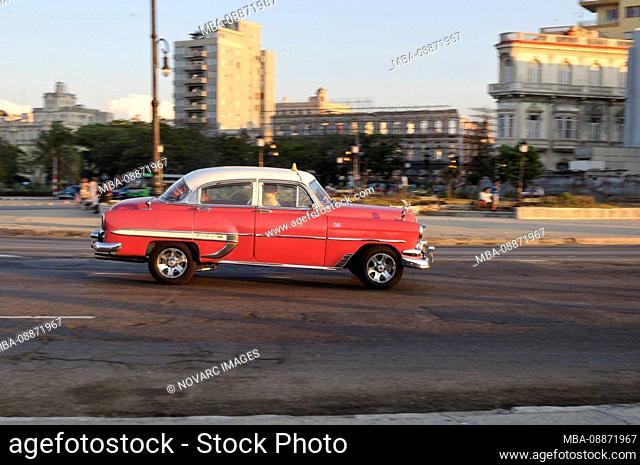 Red Vintage Car at the Malecon, Havana, Cuba, Caribbean