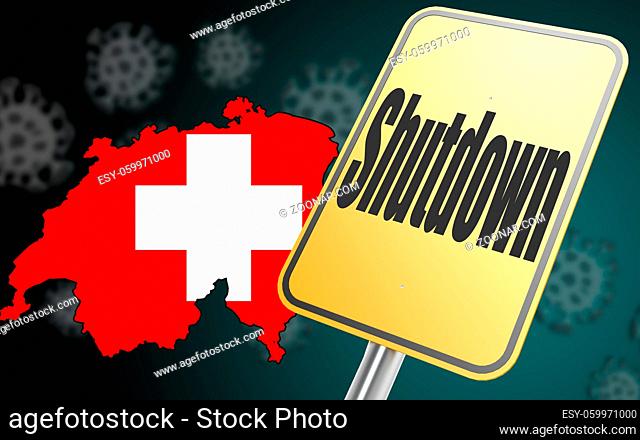 Shutdown sign with Switzerland map, 3d rendering