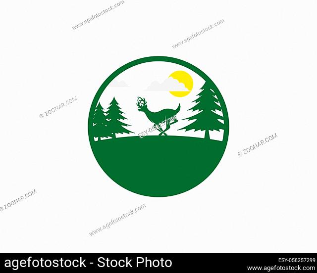 Circle shape with running deer in the forest