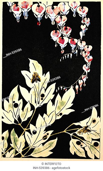 fine arts, Ito Jakuchu 1716 - 1800, indolent heart, panel print, 'Gempo Yoka', 1768, 27, 6x17, 5 cm, private collection, plants, blossom, leaves