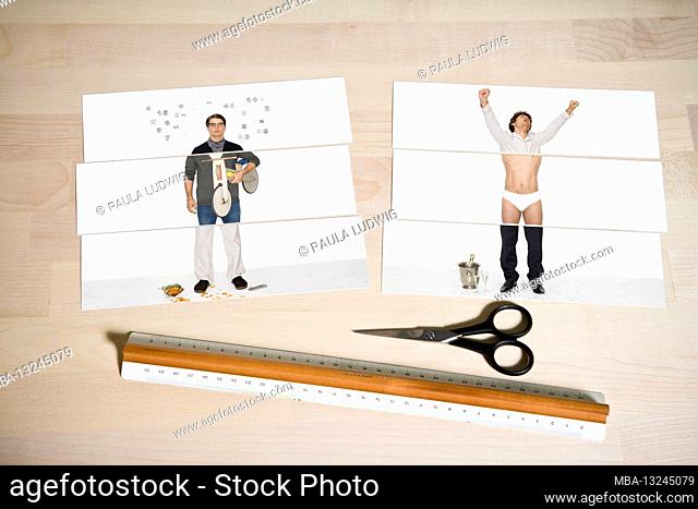 Man in various roles, as a KlipKlap book, on table, with scissors and ruler