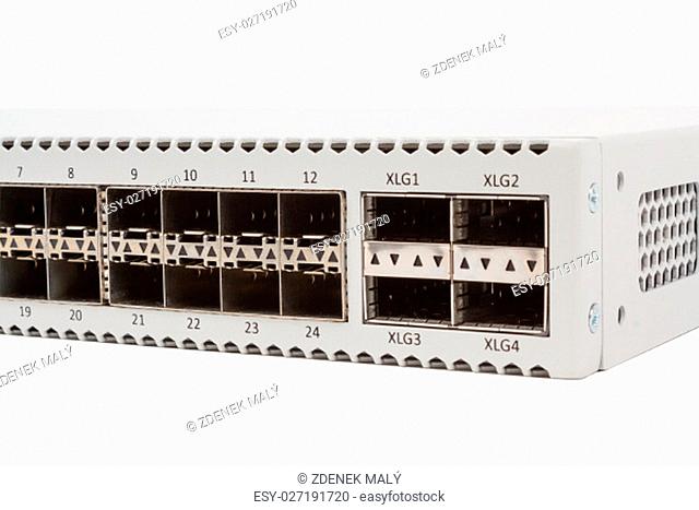 Fiber optic gigabit ethernet switch with SFP module slot and UTP category 5 connectors RJ-45 isolated on white background
