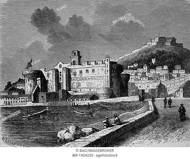 Castel Nuovo in Naples, Italy, historical woodcut, 1870