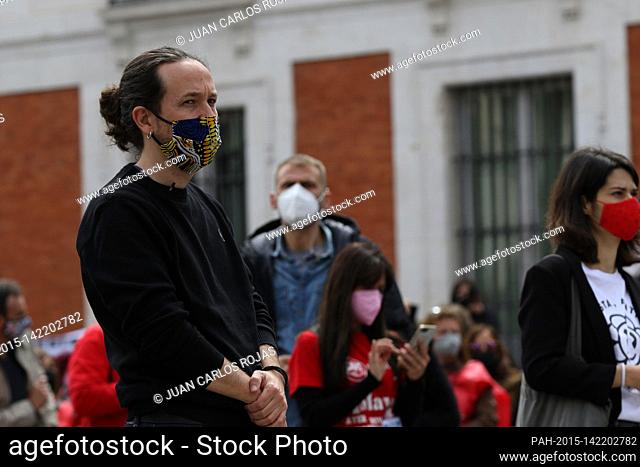 Madrid, Spain; 01.05.2021.- Candidate UP presidency of the Community of Madrid, Pablo Iglesias..The unions return to the streets on May Day asking to stop the...