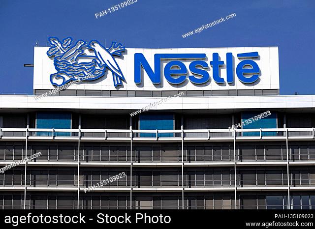 Nestlé logo on the roof of the Germany headquarters of Nestlé Germany AG. The food industry giant Nestle sells its Chinese water division to the Tsingtao...