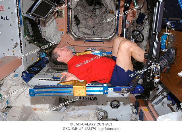 Cosmonaut Gennady Padalka, Expedition 1920 commander, exercises using the advanced Resistive Exercise Device (aRED) in the Unity node of the International Space...