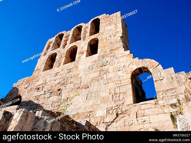 Ruins of the famous Herodion theater at Acropolis hill in Athens Greece