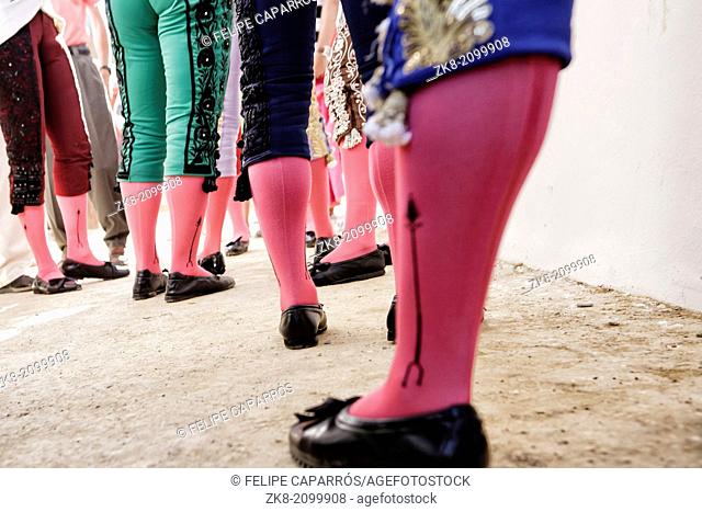Bullfighters at the paseillo or initial parade Bullfight at Baeza bullring, Baeza, Jaen province, Andalusia, Spain