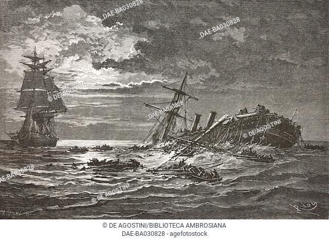 Shipwreck of the steamer Ville-du-Havre in the Atlantic, November 22, 1873, drawing by Theodor Alexander Weber (1838-1907) from a sketch by the authors