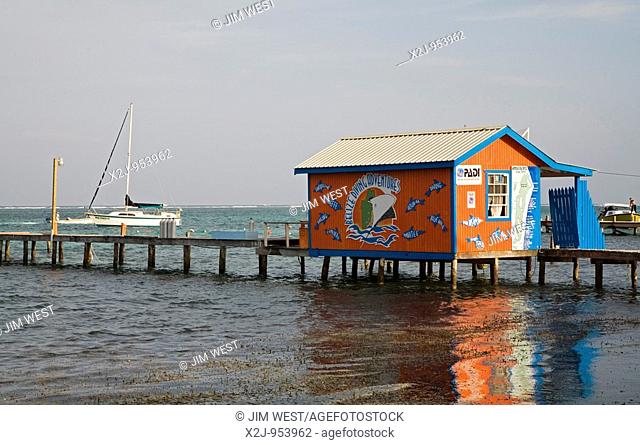 San Pedro, Belize - A dive shop on a pier on Ambergris Caye  With the second largest barrier reef in the world just offshore