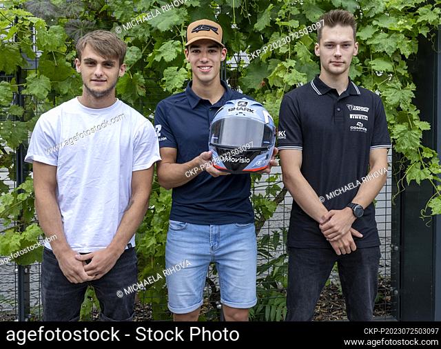 (L-R) Czech racers Petr Svoboda, Oliver Konig and Ondrej Vostatek pose before the press conference of the Orelac Racing Movisio team for the World Superbike...