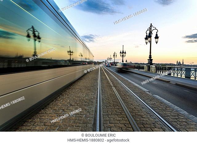 France, Gironde, Bordeaux, Tram on the stone bridge crossing Garonne, built on the orders of Napoleon between 1810 and 1822
