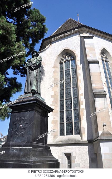 Zurich (Switzerland): Ulrich Zwingli’s statue by the Fraumünster Church