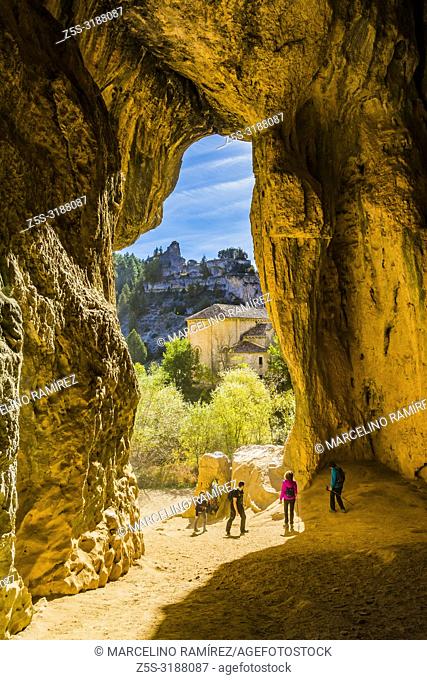 The hermitage of San Bartolome seen from the Big Cave - Cueva Grande. Lobos river canyon, Nature Park. Ucero, Soria, Castilla y Leon. Spain, Europe