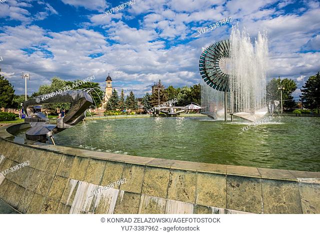 Fountain in Union Park (Parcul Unirii) in Alba Iulia city located on the Mures River in Alba County, Transylvania, Romania