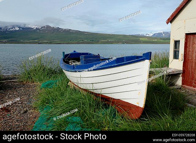 Svalbarðseyri , Akureyri, Island, svalbardseyri, fjord, eyjafjördur, bunt, berge, landschaft, nordisland, hütte, fischrhütte, haus, boot