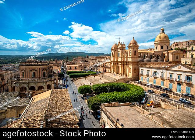 Panoramic view of Noto old town and Noto Cathedral, Sicily, Italy