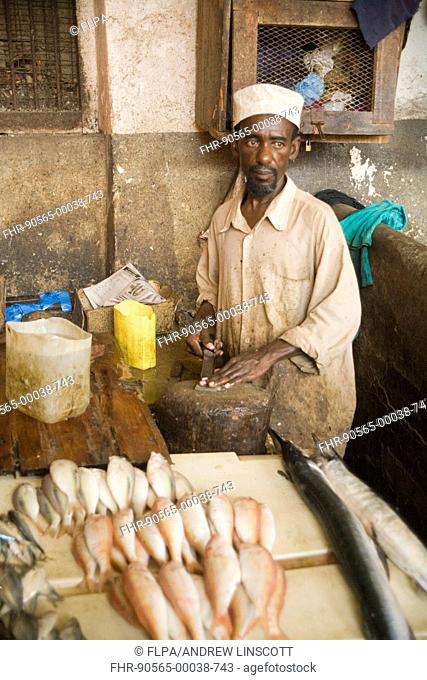 Fishmonger at city fish market, Stonetown, Unguja, Zanzibar, Tanzania