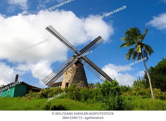 The windmill at the Morgan Lewis Sugar Mill in the interior of Barbados, an island in the Caribbean