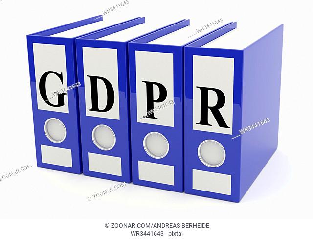 Blue folder in a row with the Letters GDPR on a white background, 3d rendering