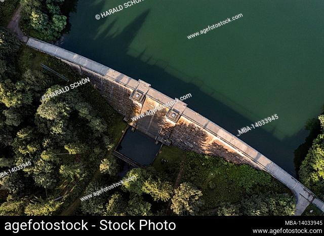 germany, thuringia, oberhof, lütschetalsperre, dam wall, top view, aerial view