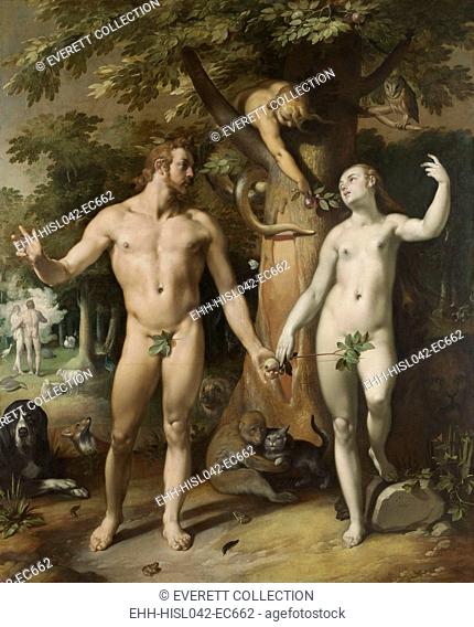 The Fall of Man, by Cornelis van Haarlem, 1592, Dutch painting, oil on canvas. In the left background, God, as a cloud with a human face and hands
