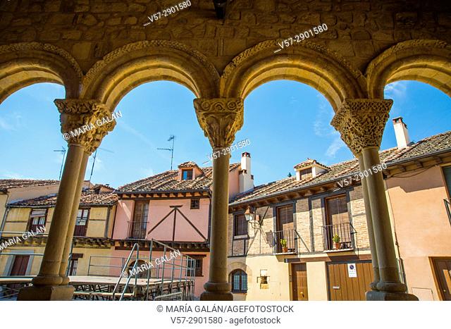 Facades of houses from the portico of San Lorenzo church. San Lorenzo district, Segovia, Spain