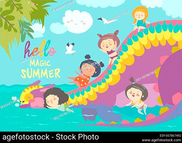 Kids playing with cute dragon at waterpark in summer vacation. Vector illustration