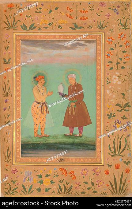 Jahangir and his Father, Akbar, Folio from the Shah Jahan Album, verso: ca. 1630 Creator: Balchand