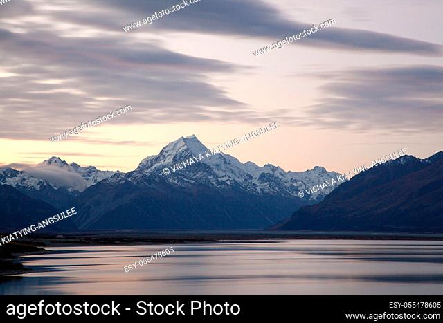 Mountain Cook and Lake Pukaki New Zealand at Dusk