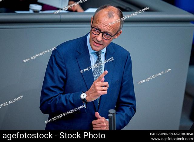 07 September 2022, Berlin: Friedrich Merz, CDU Federal Chairman, speaks during the general debate on the budget in the Bundestag
