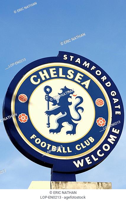 Welcome sign at the Stamford Gate entrance to the Chelsea Football Club ground. In 1905, Archibald Leitch was commissioned to design the first stand