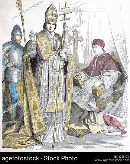 Folk traditional costume, Clothing, History of costumes, Ecclesiastical garments, Swiss Guardsman, Pope in regalia and Pope in domestic garb, 17th century