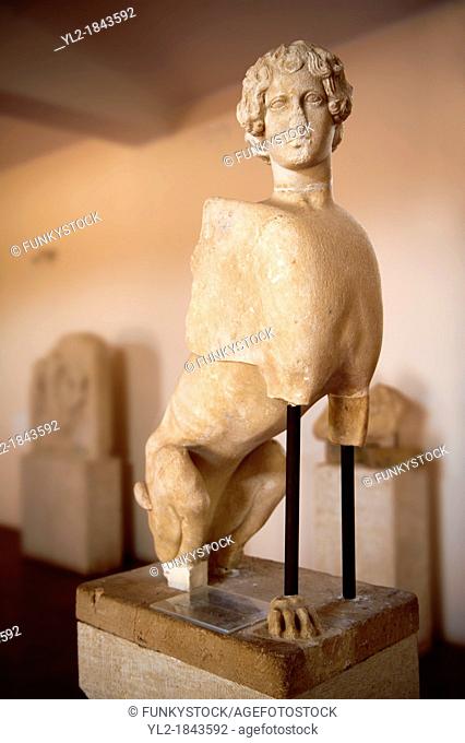 Classical Sphinx attributed to Greek Sculptor Kalamis from the temple of apollo, The Greek archaeological site of Ancient Aegina, Kolna, Greek Saronic Islands