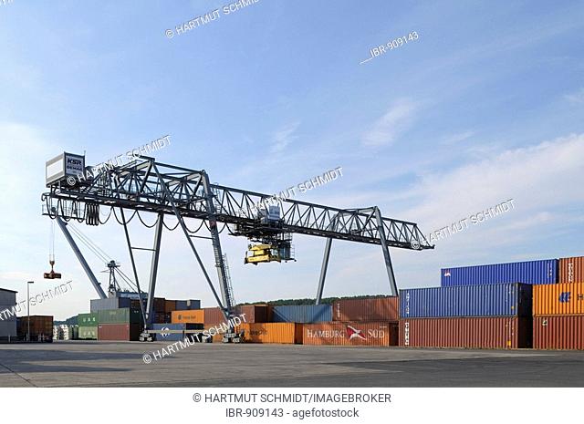 Container gantry crane for intermodal freight transport, port in Bonn, North Rhine-Westphalia, Germany, Europe