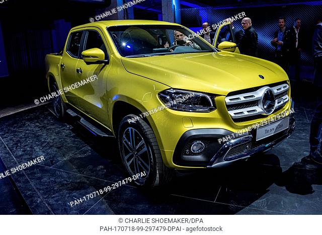 A Mercedes-Benz X-Class car is presented during its world premiere in Cape Town, South Africa, 18 July 2017. The new X-Class is a series of luxury pickup trucks...