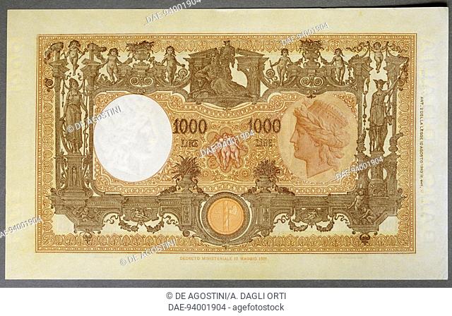 1000 lire banknote, Barbetti type, 1942-1943, reverse, 23x14 cm. Italy, 20th century.  Private Collection