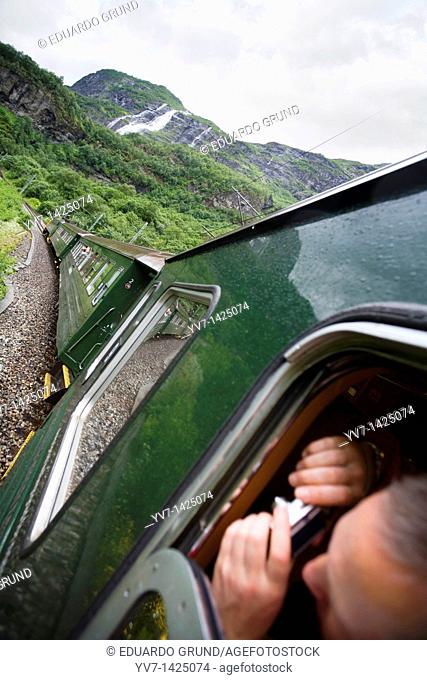 Flam Railway Flåmsbana view the scenery from the train  Flåm, Aurlandsfjord, Aurland, Sogn og Fjordane, Norway