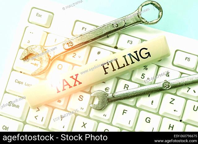 Handwriting text Tax Filing, Business overview Submitting documens filed with tax payer financial information Formatting And Compiling Online Datas