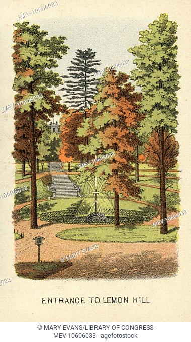Entrance to Lemon Hill. Print shows a view of walkways around a fountain leading to a stairway up a hill to the Lemon Hill mansion in the background